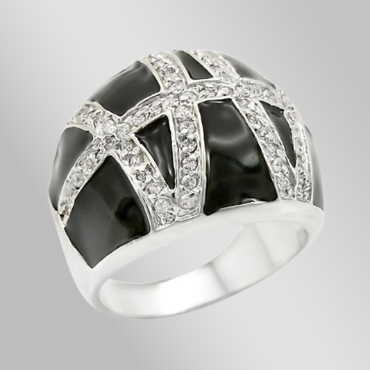 0W355 - Rhodium Brass Ring with AAA Grade CZ  in Clear