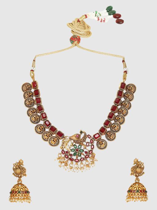 Antique Gold Tone Red & Green Stones Necklace Set with Jhumka Earrings