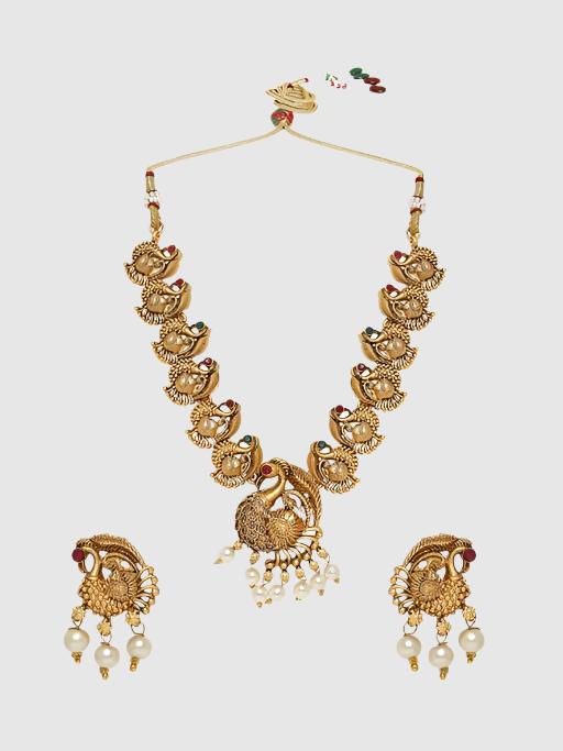 Antique Gold Tone Red & Green Stone Necklace Set with Drop Earrings