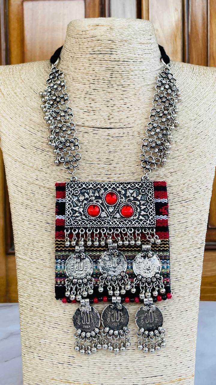 Silver-Plated & Red Brass Afghan Mirror Necklace