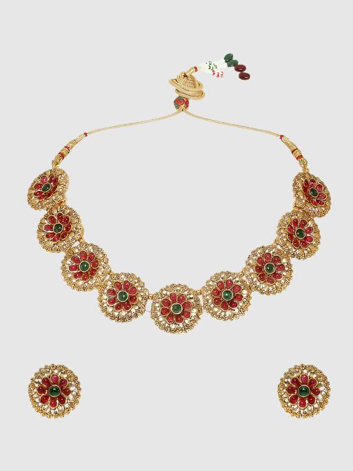 Antique Gold Tone Red & Green Stones Necklace Set with Drop Earrings