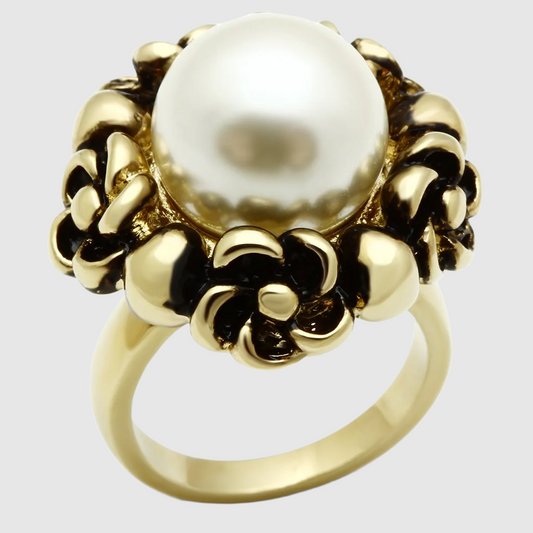 GL308 - Gold Brass Ring with Synthetic Pearl in White