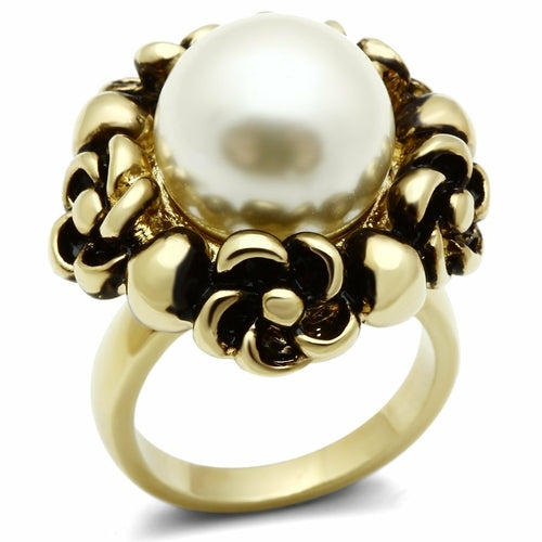 GL308 - Gold Brass Ring with Synthetic Pearl in White