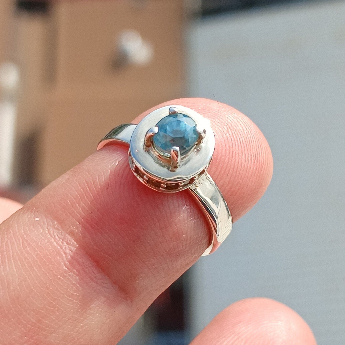 Natural Blue Zircon Sterling Silver Solitaire Ring