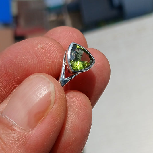 Peridot Ring, Solitaire Ring, Trillion Cut