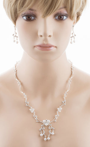 Bridal Wedding Jewelry Set Crystal Rhinestone Floral Pearl Necklace