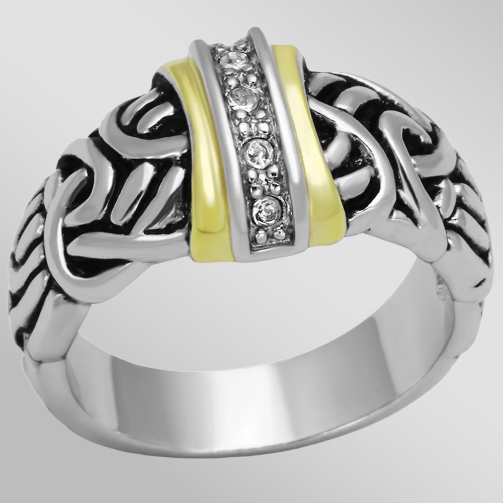 3W327 - Reverse Two-Tone Brass Ring with Top Grade Crystal  in Clear