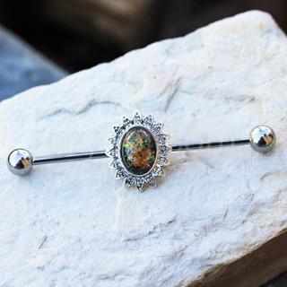 316L Stainless Steel Industrial Barbell with Glass Stone Flower