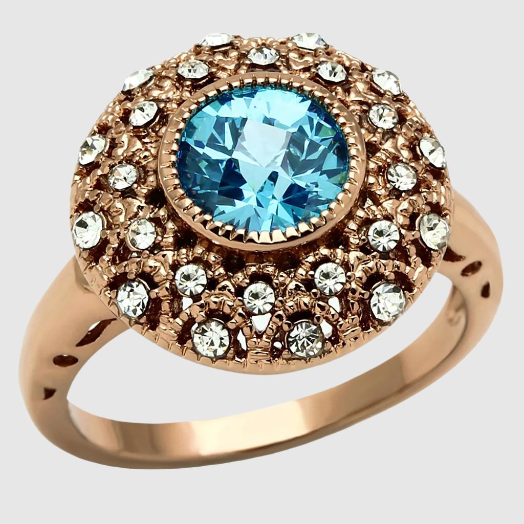 Rose Gold Brass Ring with AAA Grade CZ  in Sea Blue