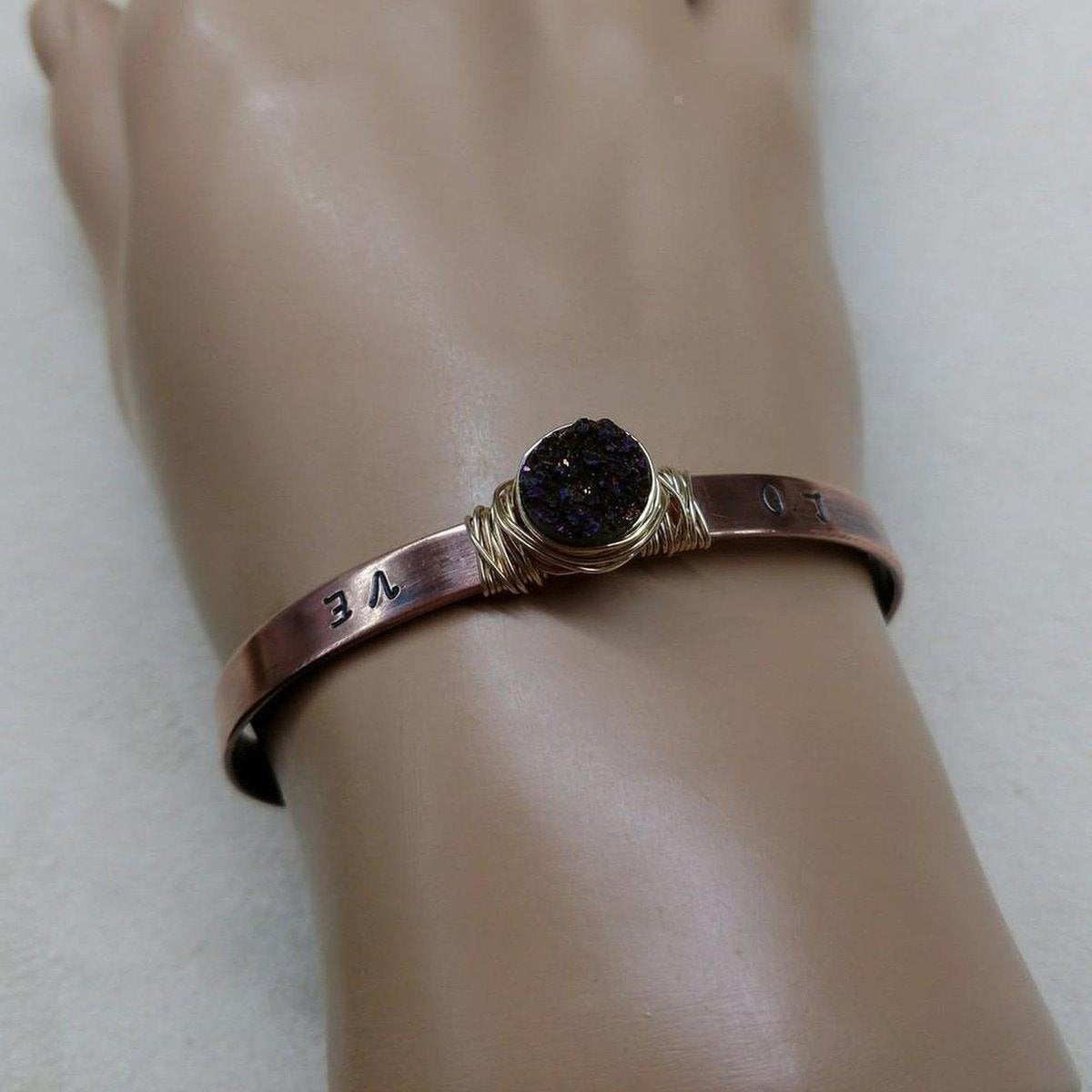 LOVE Stamped Druzy Copper Cuff Bracelets