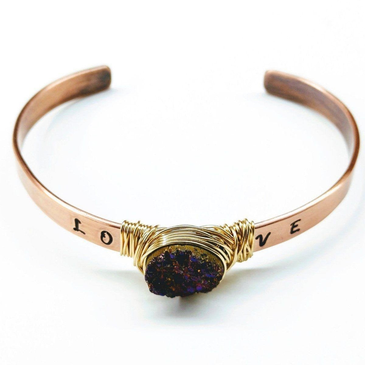 LOVE Stamped Druzy Copper Cuff Bracelets