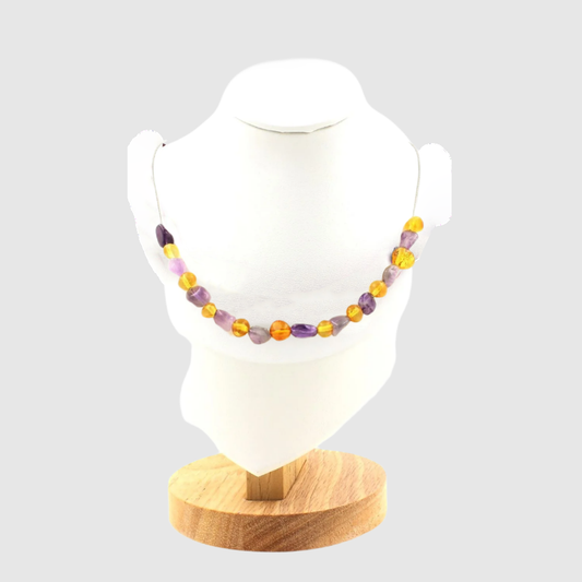 Genuine Baltic Sea Amber + Amethyst 20 beads necklace.