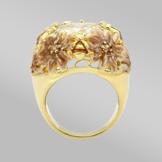 0W203 - Matte Gold & Gold Brass Ring with AAA Grade CZ  in Clear