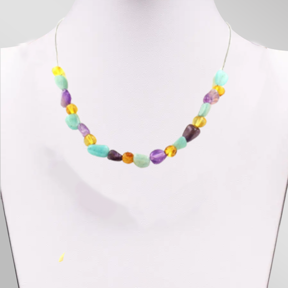 Amber + Amethyst + Amazonite from Brazil 20 beads necklace.