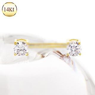 14K Yellow Gold Prong Setting CZ Nipple Bar