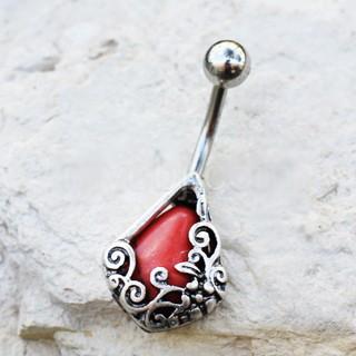 316L Stainless Steel Ornamental Red Stone Teardrop Navel Ring