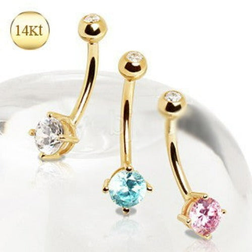 14Kt Gold Navel Ring with Prong Set Round CZ