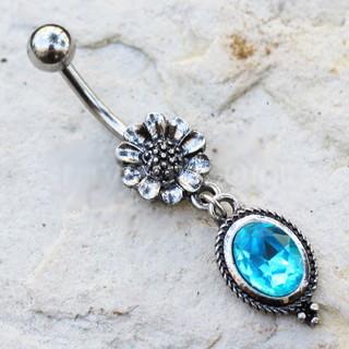 316L Stainless Steel Flower and Aqua Pendant Dangle Navel Ring