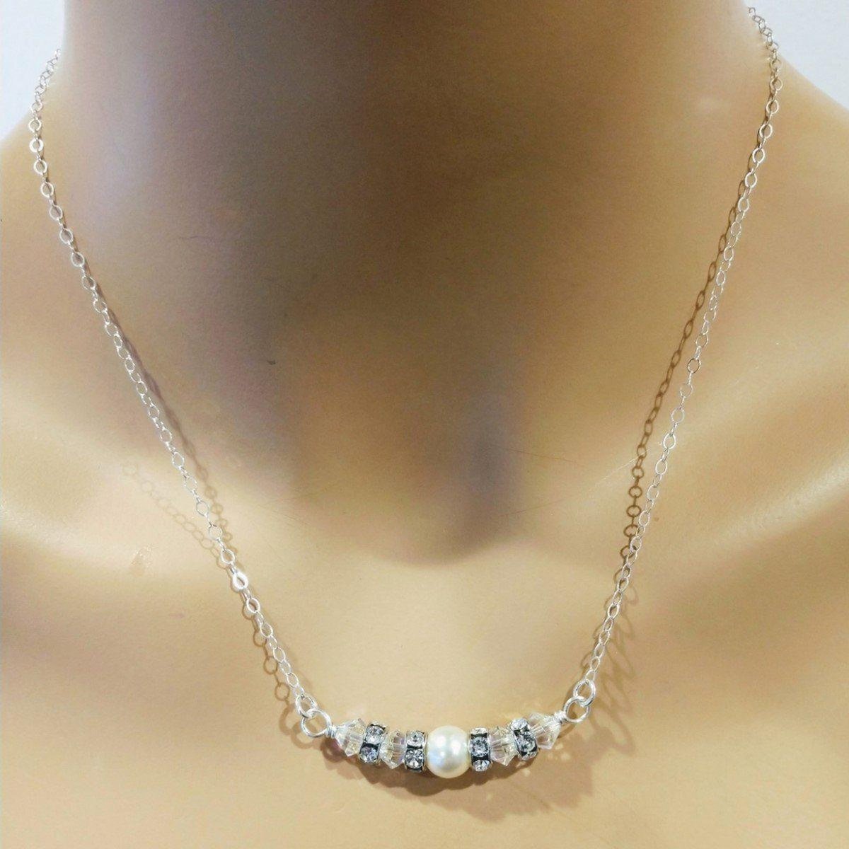 Silver Crystal Pearl Bar Bridal Necklace