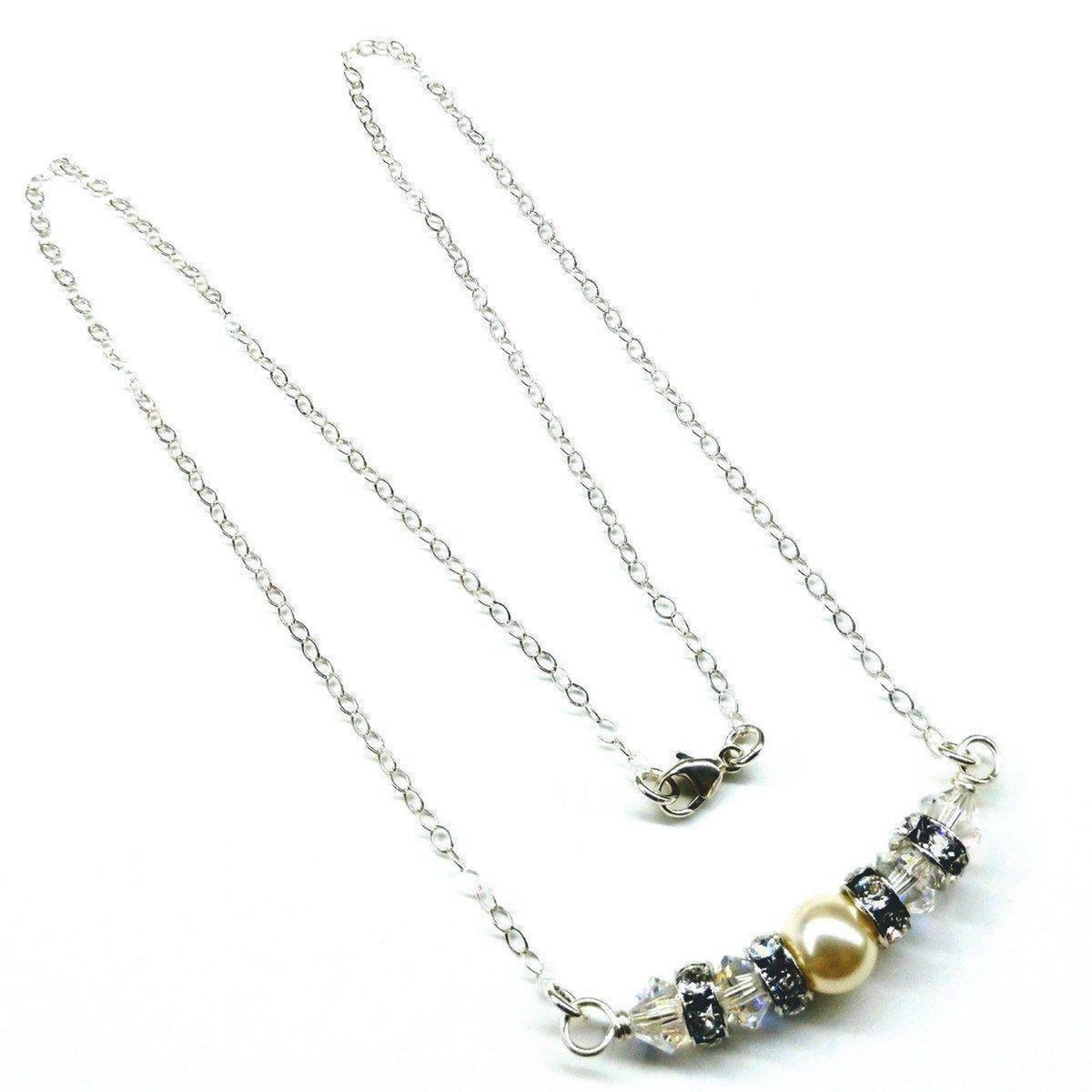 Silver Crystal Pearl Bar Bridal Necklace