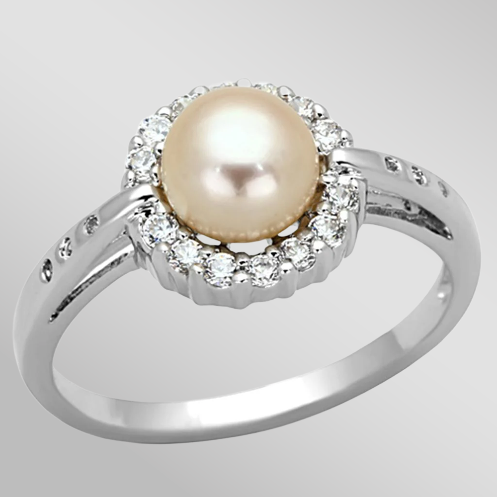 3W487 - Rhodium Brass Ring with Synthetic Pearl in White