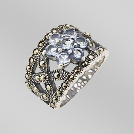 32330 - Antique Tone 925 Sterling Silver Ring with Synthetic Spinel in