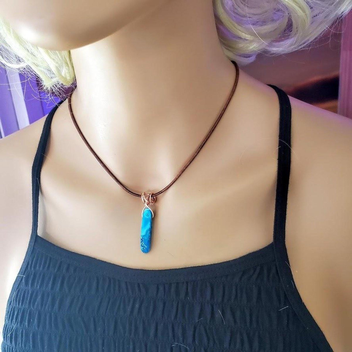 Wire Wrapped Pointed Turquoise Agate Leather Necklace