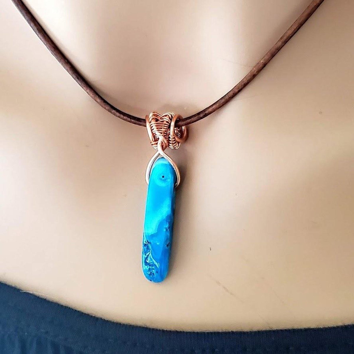 Wire Wrapped Pointed Turquoise Agate Leather Necklace