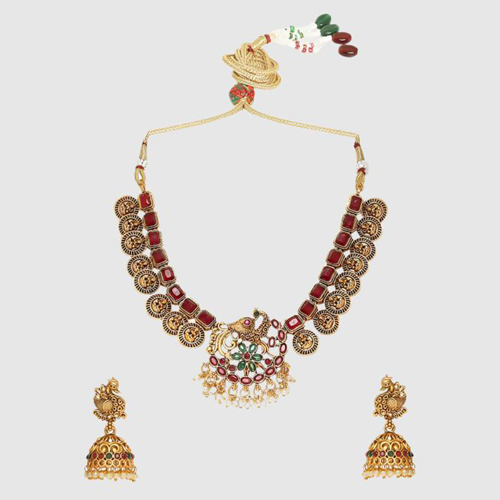 Antique Gold Tone Red & Green Stones Necklace Set with Jhumka Earrings